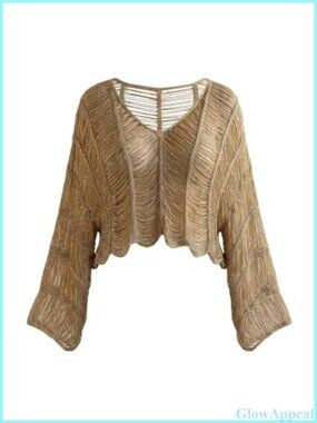 Plus Size Crochet Sweater Sequin Hollow Out Loose Fit Asymmetrical Hem